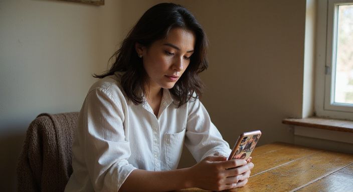 Eine Frau betrachtet ernsthaft Nachrichten auf ihrem Smartphone.
