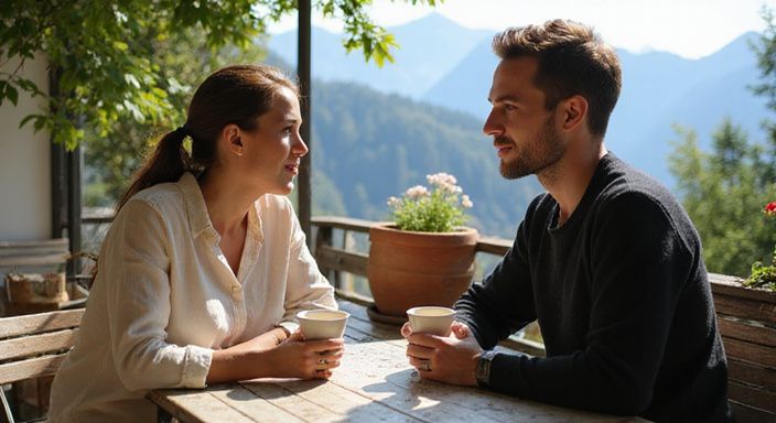 Ein Paar führt ein stilles, intimes Gespräch in einem Café.
