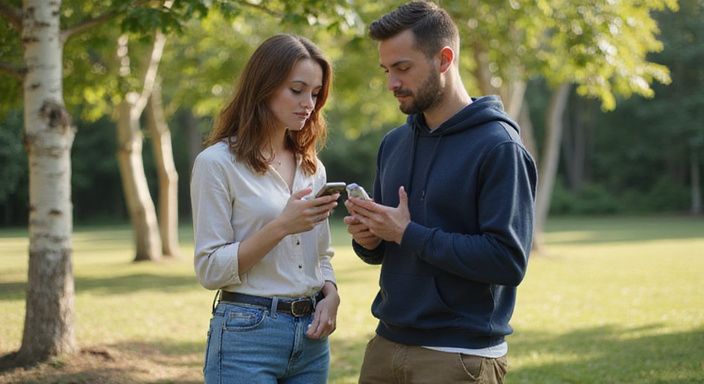 Ein Paar überprüft gemeinsam eine Dating-App für erotisch kontakt und sextreffen in Tessin im Park.