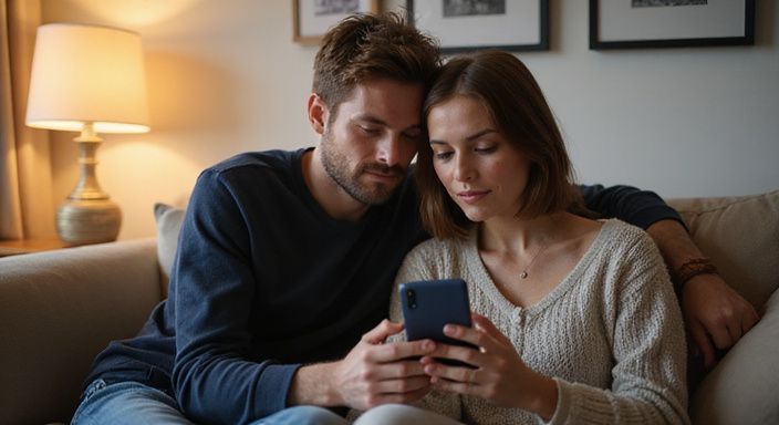 Ein Paar sitzt auf einem Sofa und betrachtet gemeinsam ein Smartphone.