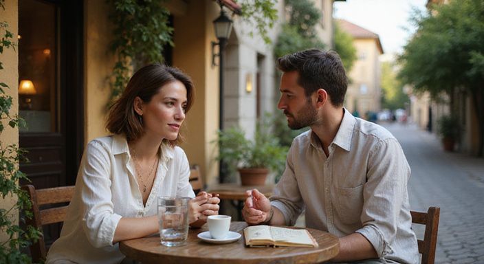 Ein Paar diskutiert über erotisch kontakt und sextreffen in Tessin bei Kaffee in einem Café.