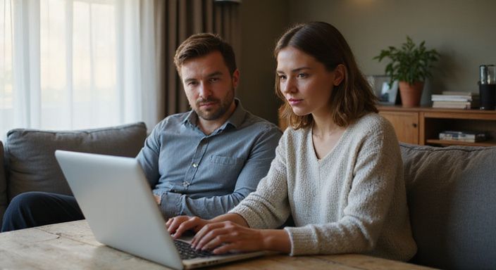 Ein Paar arbeitet gemeinsam an einem Laptop auf einem Sofa.