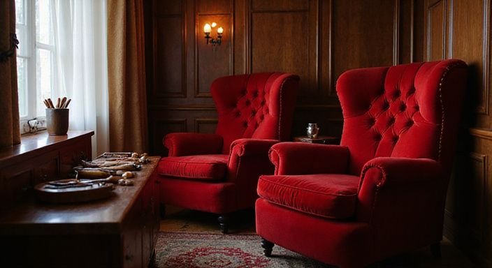 Intimes Clubinterieur mit rotem Samt und eleganten Massagetools.