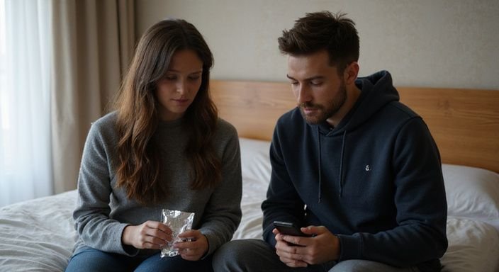 Ein Paar sitzt auf einem Bett und betrachtet aufmerksam Smartphones.