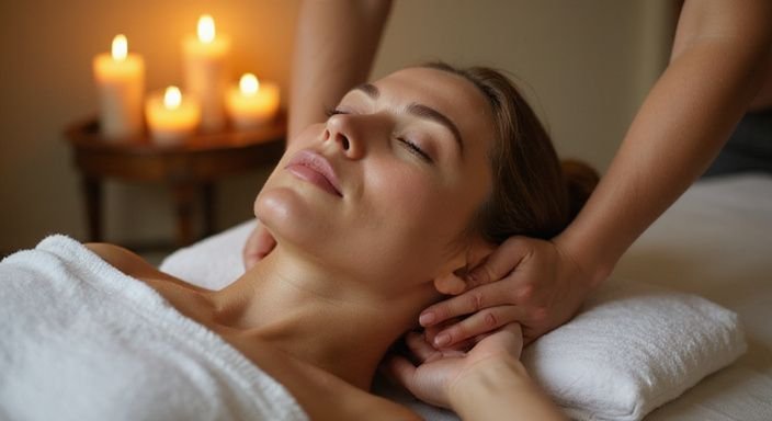 Eine Frau entspannt sich auf einer Massageliege mit Öl.