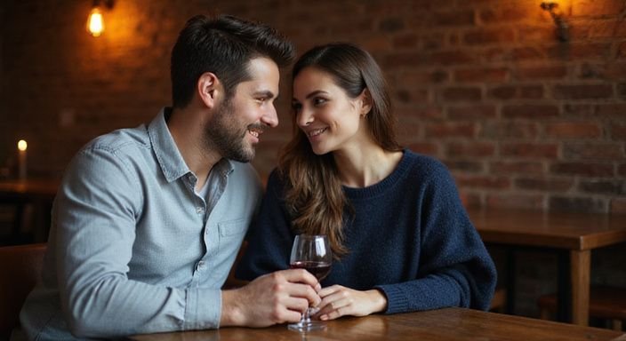 Ein Paar sitzt eng beieinander an einem Tisch in einem Restaurant.