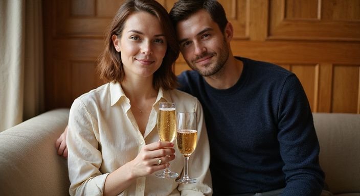 Ein Paar sitzt entspannt auf einer Couch und genießt Champagner.