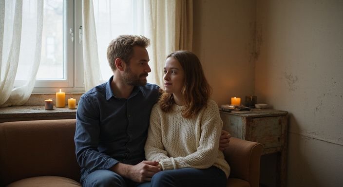 Ein Paar sitzt entspannt auf einer abgenutzten Couch in einem Hotelzimmer un dwollen Erotisch Kontakt und Sextreffen in Thurgau.