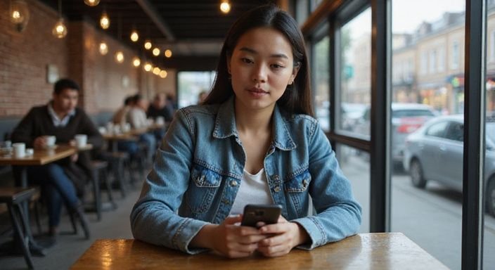 Eine konzentrierte junge Frau nutzt ihr Smartphone in einem Café und suche Erotisch Kontakt und Sextreffen in Thurgau.