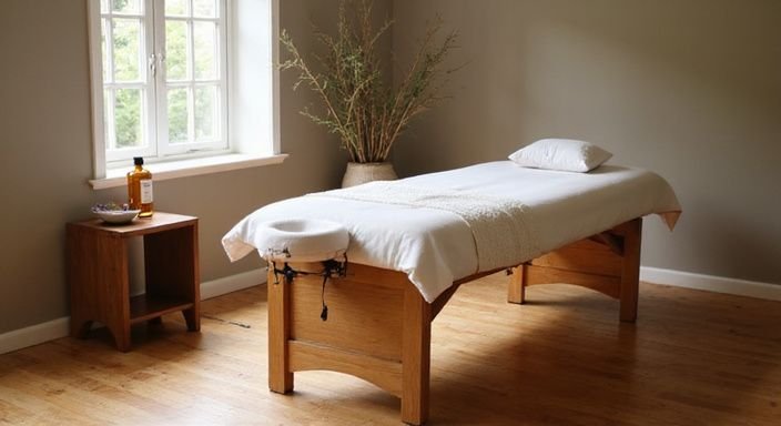 Ein ruhiger Spa-Raum mit einem hochwertigen Massagetisch und ätherischen Ölen.