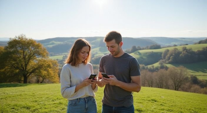 Ein Paar in der Natur plant ein Treffen mit Smartphones un dwollen Erotisch Kontakt und Sextreffen in Thurgau.
