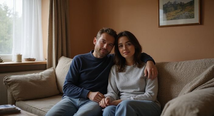 Ein Paar sitzt entspannt auf einer Couch in einem gemütlichen Wohnzimmer und wollen Erotisch Kontakt und Sextreffen in Thurgau.