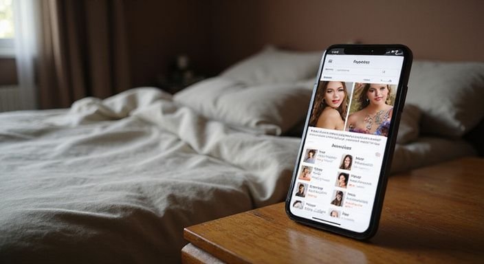 Ein digitales Gerät zeigt Website-Profile von Escort-Damen. Ein digitales Gerät zeigt Website-Profile von Escort-Damen.