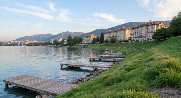Eine friedliche Seenlandschaft mit Hügeln und eleganten Hotels. Eine friedliche Seenlandschaft mit Hügeln und eleganten Hotels.