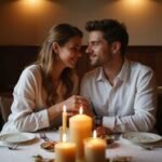 Ein Paar sitzt innig an einem elegant gedeckten Tisch