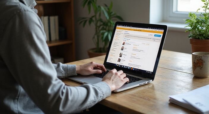 Eine Person surfend auf einem Laptop in einem häuslichen Büro. Eine Person surfend auf einem Laptop in einem häuslichen Büro.