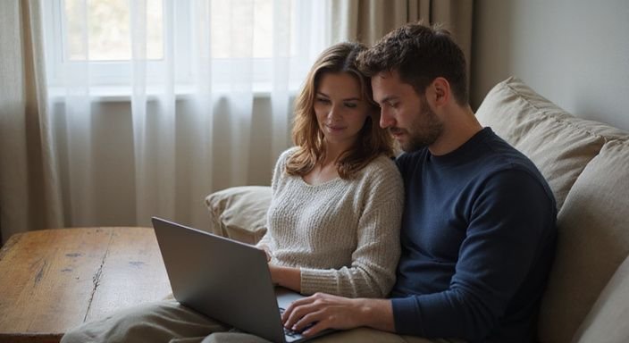 Ein Paar sitzt entspannt auf dem Sofa und nutzt einen Laptop. Ein Paar sitzt entspannt auf dem Sofa und nutzt einen Laptop.