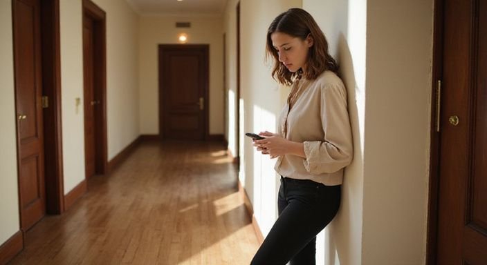 Eine junge Frau entspannt sich im Hotelgang mit ihrem Handy