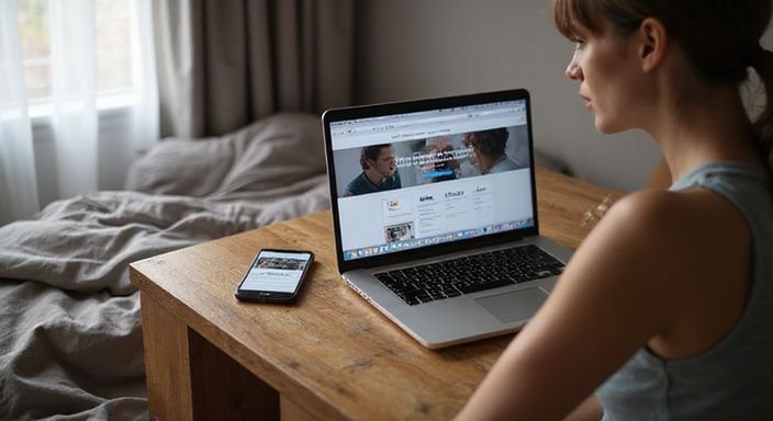 Eine Person sitzt nachdenklich vor einem Laptop in einem Schlafzimmer.