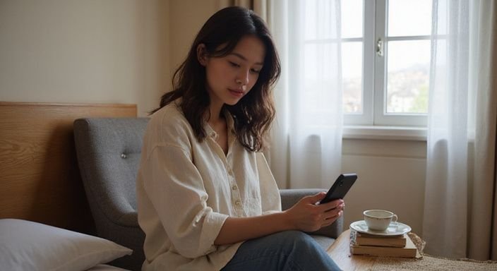 Eine junge Frau sitzt entspannt in einem stilvollen Hotelzimmer.