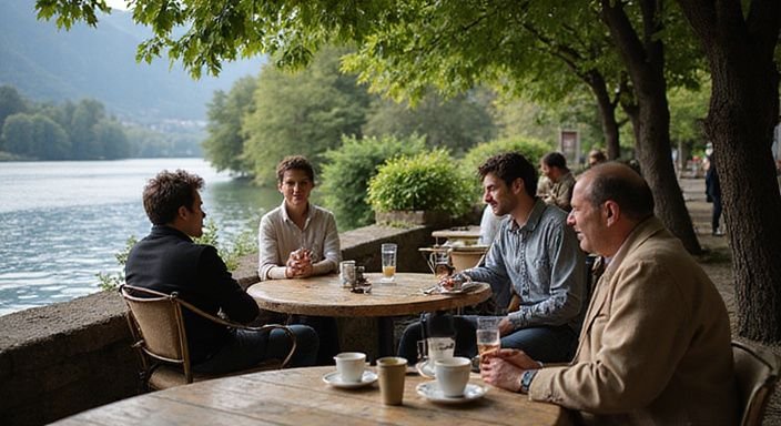 Ein ruhiges Café am Fluss mit einladenden Tischen und Pflanzen.