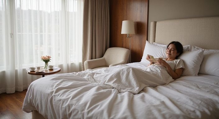 Eine elegante Boutique-Hotelzimmer mit einem einladenden Bett und frischen Rosen.