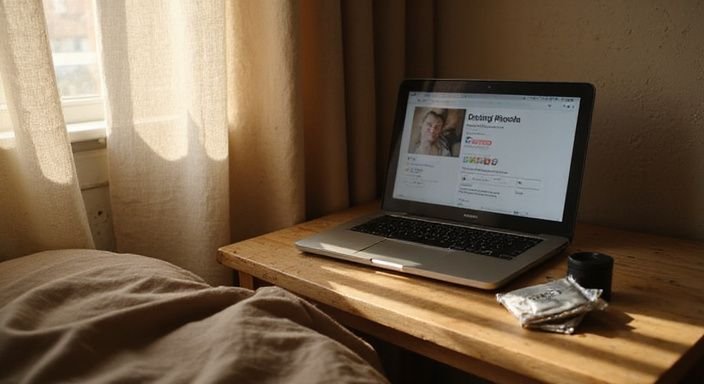 Ein gemütliches Schlafzimmer mit Laptop und persönlichen Gegenständen.