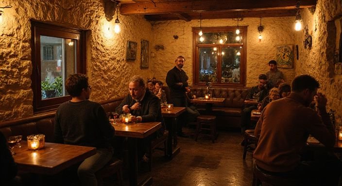 Eine gemütliche Bar in einer alten Stadt mit entspannten Gästen.