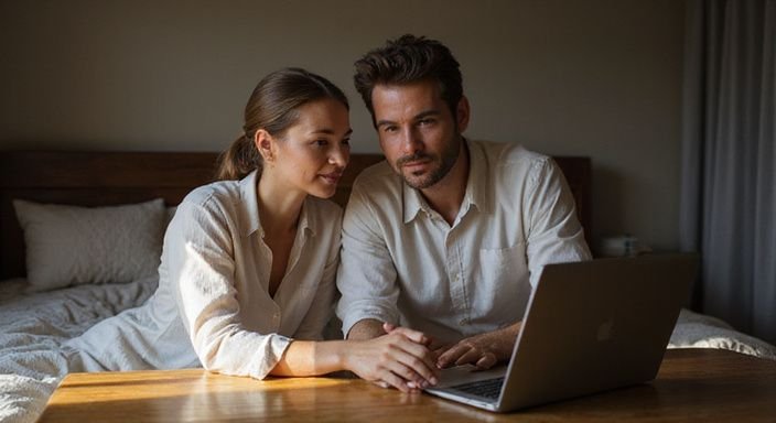 Ein Paar schaut konzentriert auf erotische Dienstleistungen am Computer und wollen Erotisch Kontakt und Sextreffen in Wallis.