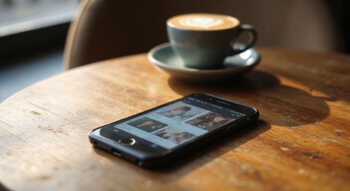 Ein Smartphone zeigt die Tinder-App auf einem rustikalen Holztisch.