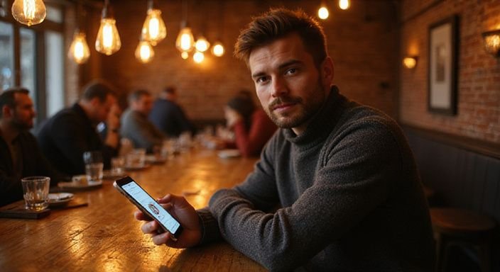 Ein Mann sitzt an einer Bar und nutzt eine Dating-App für Flirt Kontakt und Sextreffen in Genf.