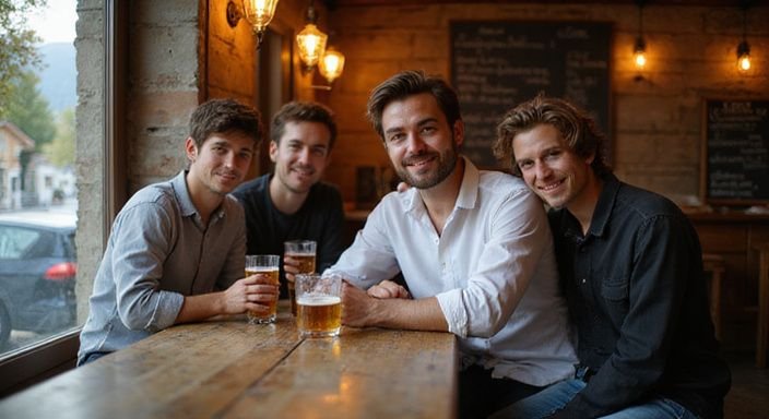 Junge Menschen genießen Geselligkeit an einem rustikalen Bartresen.