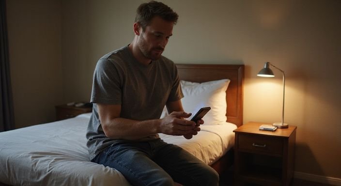 Ein Mann sitzt auf dem Bett und suche auf sein Smartphone nach Flirt Kontakt und Sextreffen in Genf.