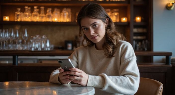 Eine Frau in einem eleganten Barumfeld genießt einen ruhigen Moment und wollen Flirt Kontakt und Sextreffen in Genf.