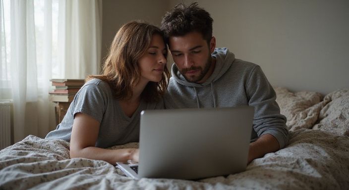 Ein Paar sitzt am Bett und plant ein Treffen online.