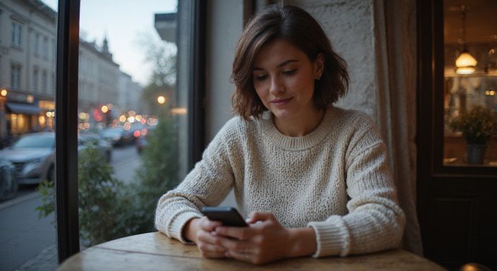 Eine Frau in einem Café betrachtet lächelnd ihr Handy.