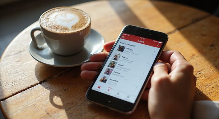 Ein Smartphone zeigt ein App für Flirt Kontakt und Sextreffen in Uri neben einer Cappuccino-Tasse.
