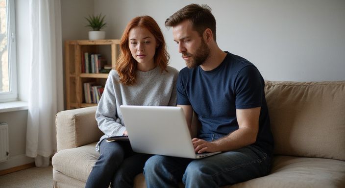 Ein Paar sitzt vertraut auf einem Sofa und arbeitet am Laptop.