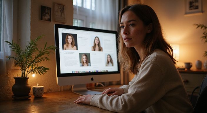 Eine Frau sitzt an einem Schreibtisch und konzentriert sich auf den Computer.