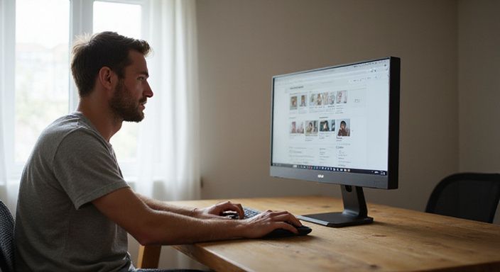 Ein nachdenklicher Mann sitzt am Schreibtisch und nutzt eine Dating-Website für Flirt Kontakt und Sextreffen in Uri.