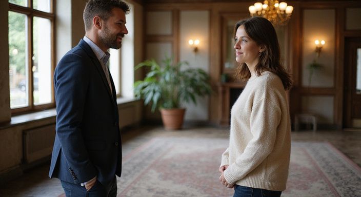 Ein Paar trifft sich zum ersten Mal in einem Hotellobby.