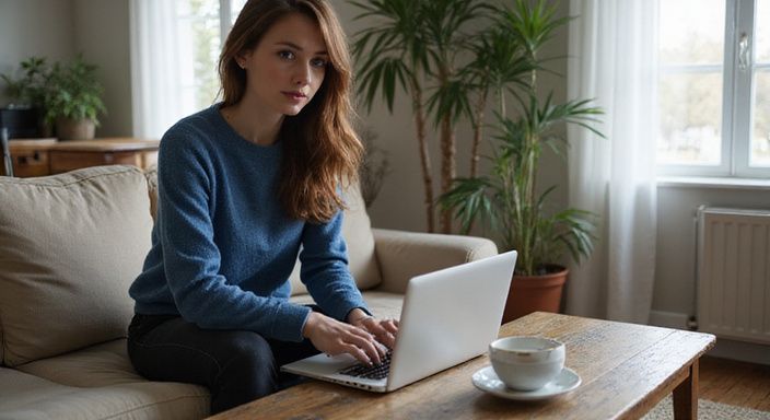 Eine Frau sitzt entspannt auf einem Sofa mit einem Laptop und wollen Flirt Kontakt und Sextreffen in Uri.