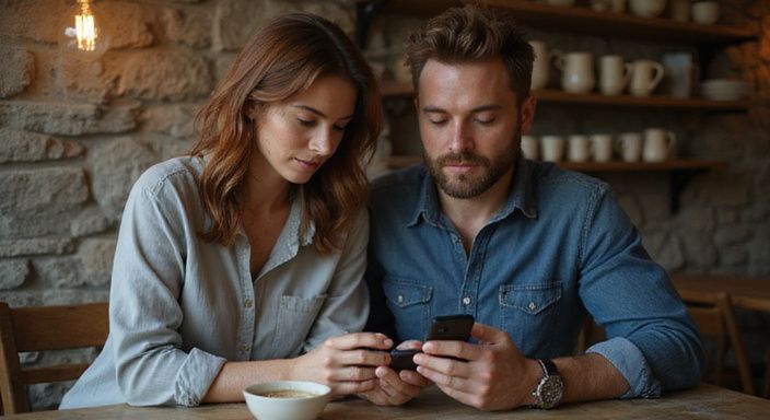 Ein Paar sitzt entspannt in einem gemütlichen Café und schaut auf Handys.