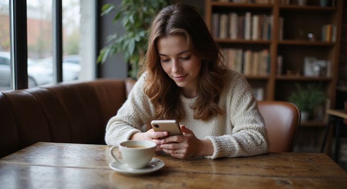 Eine Frau sitzt in einem Café und benutzt eine Dating-App für Flirt Kontakt und Sextreffen in Uri.