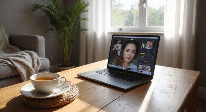 Ein gemütlicher Wohnraum mit Laptop, Tee und warmen Texturen.