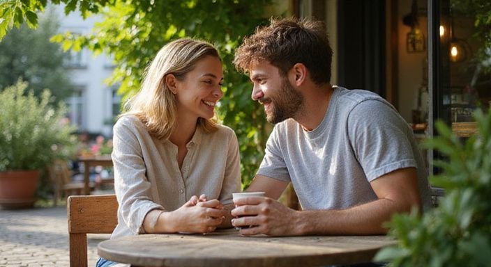 Ein Paar sitzt lächelnd an einem kleinen Tisch in einem Café und wolen Flirt kontakt in Graubünden.