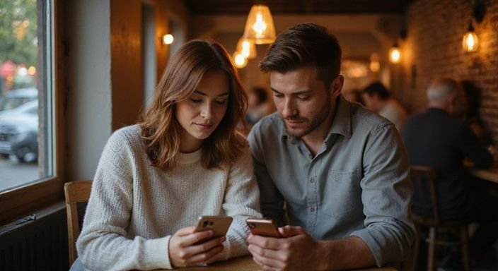 Ein junges Paar sitzt in einem gemütlichen Café und suche auf Smartphones nach Flirt kontakt in Graubünden.