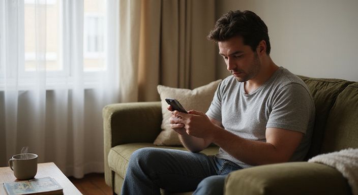 Eine Person in einem gemütlichen Wohnzimmer nutzt eine Dating-App. Eine Person in einem gemütlichen Wohnzimmer nutzt eine Dating-App für Flirt Kontakt und Sextreffen in Neuenburg.