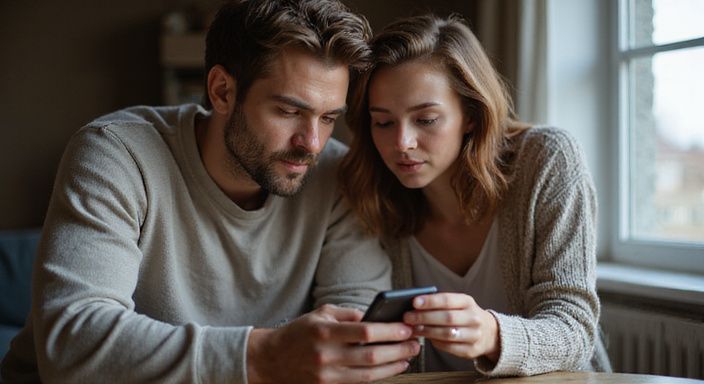 Ein Paar untersucht konzentriert gemeinsam ein Smartphone. Ein Paar untersucht konzentriert gemeinsam ein Smartphone und wollen Flirt Kontakt und Sextreffen in Neuenburg.