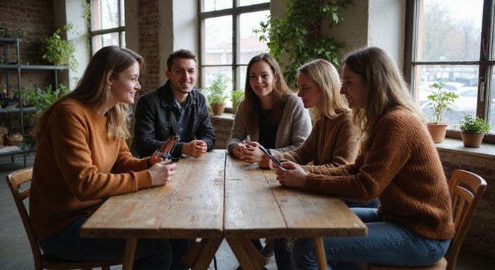 Fünf junge Erwachsene genießen eine entspannte Unterhaltung in einem Café. Fünf junge Erwachsene genießen eine entspannte Unterhaltung in einem Café.
